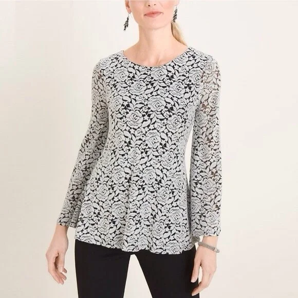 Chicos XLP or 3 Black White Floral Jacquard Burnout Top Bell Sleeves Scoop Neck - Picture 2 of 14